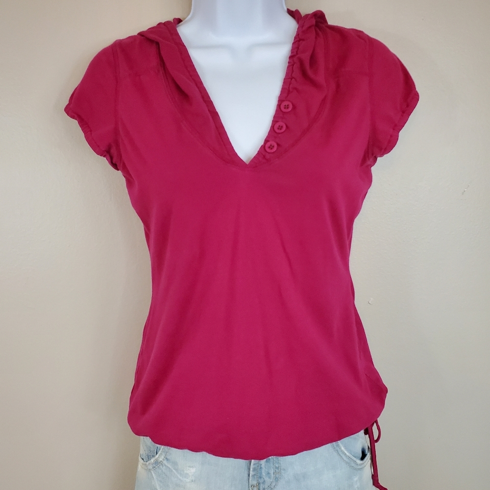 Maurices Cap Sleeve Tie Waist Hooded V-Neck Top